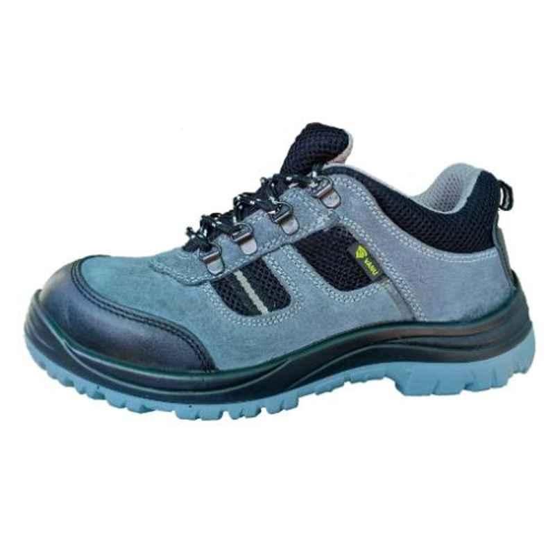 Vanu Cougar Suede Leather Double Density PU Sole Steel Toe Black & Blue Work Safety Shoes, Size: 11