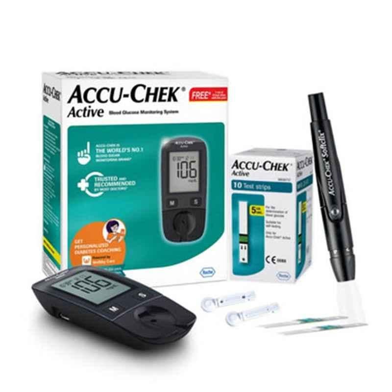 Accu-Chek Multicolour Active Blood Glucose Meter Kit with 10 Pcs Vial Strips & Lancets