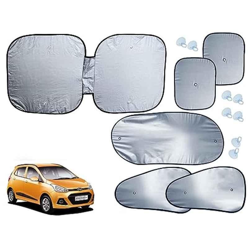 Auto Pearl 6 Pcs Polyester Black & Silver Window, Front & Rear Sun Shade Set for Hyundai i10 Grand 2013-2016
