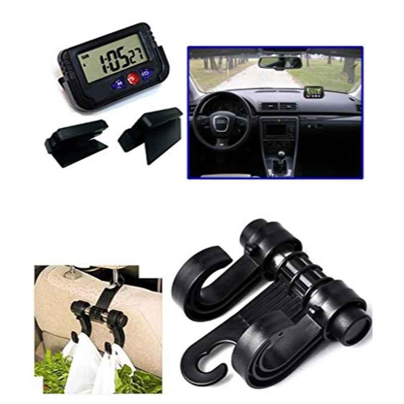 Kozdiko Plastic Black Car Dashboard Digital Clock & Double Hook Headrest Luggage Holder Combo