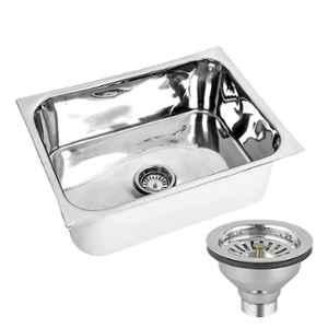 Happy Homes 24x18x10 inch Medium Silver Glossy Finish 304 Stainless Steel Single Bowl Kitchen Sink with Round Coupling, HH-03