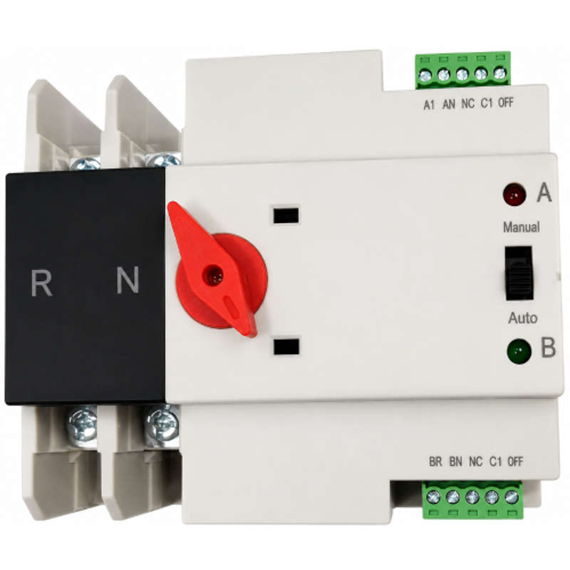 Ametron 2P 125A 230VAC White Dual Power Automatic Transfer Switch with DIN Rail Mount, Manual & Auto Changeover