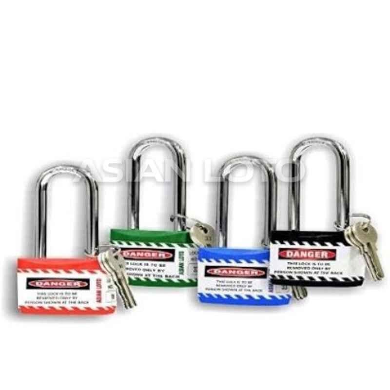 Asian Loto 4 Pcs Metal & Plastic Red, Green, Blue & Black Long Shackle Jacket Padlock Set with 3 Keys, ALC-LPL