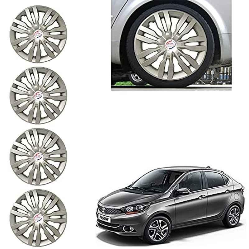 Auto Pearl 4 Pcs 14 inch Silver ABS Press Type Hubcap Wheel Cover Set with Retention Ring for Tata TigorXMXTXTA