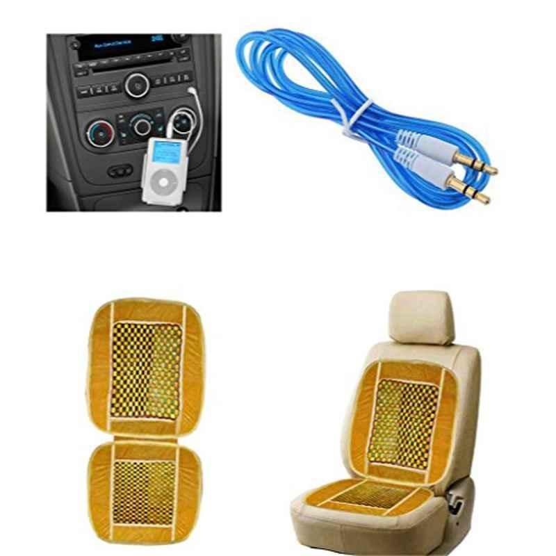 Kozdiko 3.5mm Aux Cable & Wooden Bead Beige Seat Cover Combo, Koz-5756