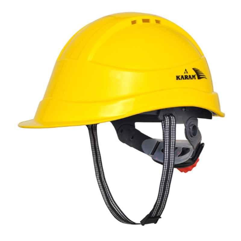 Karam Lemon Yellow Safety Helmet Shelblast with Peak Webbing Textile Cradle Ratchet Type Adjustment & Chin Strap, PN 542(T)