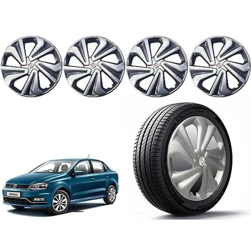 Auto Pearl 4 Pcs 14 inch Polypropylene Silver Press Type Car Wheel Cover Set with Retention Ring for Volkswagen Ameo, 14WC_Tiago_Silver_Ameo