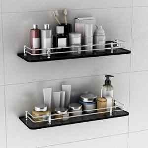 Plantex Premium Black Glass Shelf for Bathroom/Kitchen/Living Room Bathroom Accessories Polished, 18x6 inch(Pack of 2)