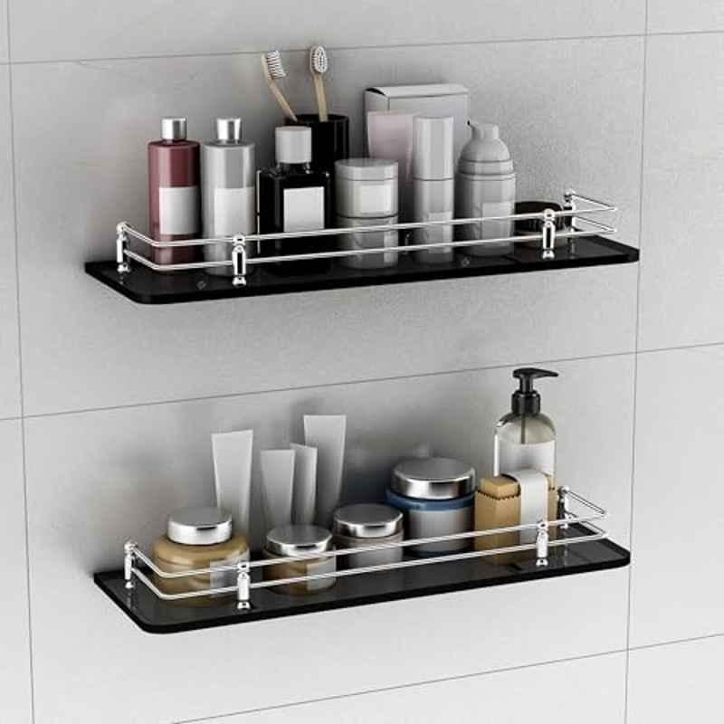 Plantex Premium Black Glass Shelf for Bathroom/Kitchen/Living Room Bathroom Accessories Polished, 18x6 inch(Pack of 2)