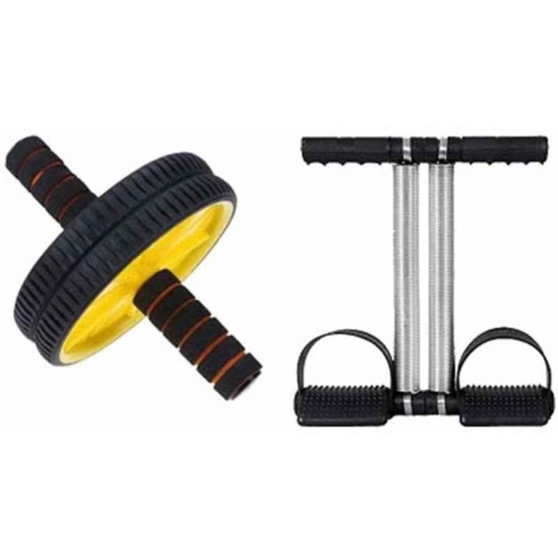 Shopeleven 110kg Stainless Steel & Plastic Double Spring Tummy Trimmer with Double Wheel Ab Roller