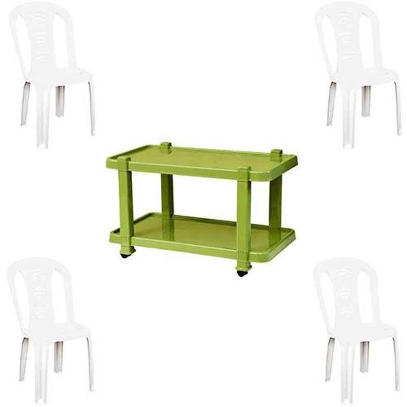 Italica 4 Pcs Polypropylene White Without Arm Chair & Green Table with Wheels Set, 9306-4/9509