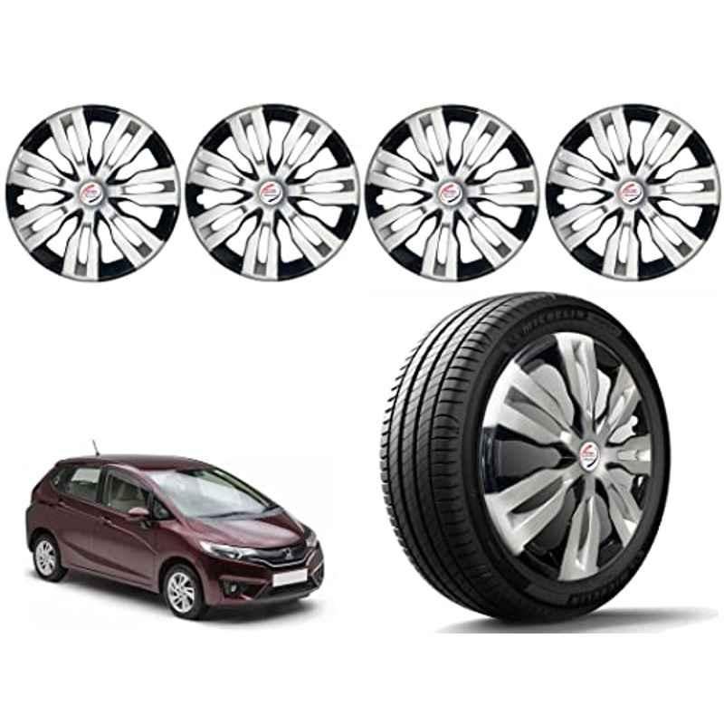 Auto Pearl 4 Pcs 14 inch Polypropylene Silver & Black Press Type Car Wheel Cover Set with Retention Ring for Honda Jazz 2015 E , 14WC_Dzire2017_DC_Jazz2015EModel