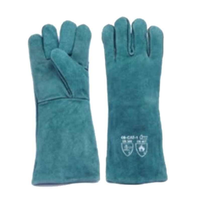 Techtion Torch Max Weldpro Premium Quality Cow Split Leather Welding Safety Gloves with Welting Round The Fingers, Green