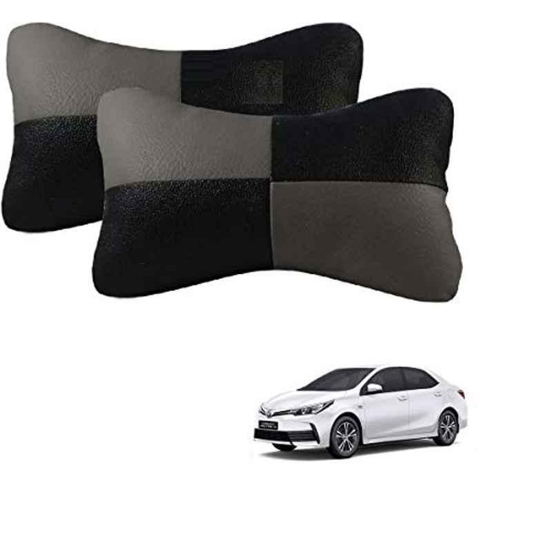 Kozdiko 2 Pcs Leather Grey & Black Neck Rest Car Cushion Pillow Set for Toyota Corolla Altis