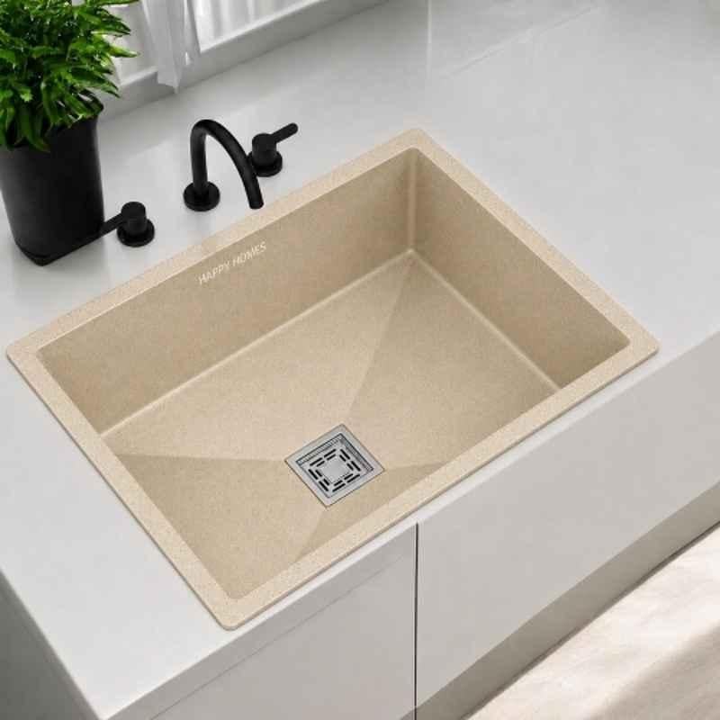 Happy Homes Quartz 24x18x9 inch Granite Ivory Single Bowl Kitchen Sink with Waste Coupling & PVC Pipe