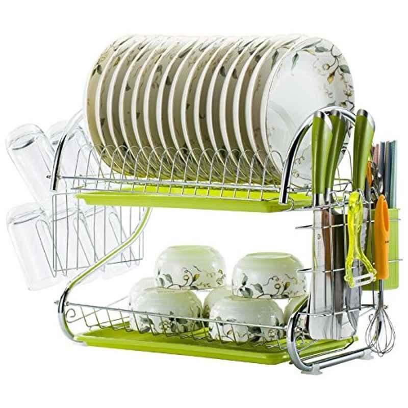 Rubik Stainless Steel Green & Silver 3 Tier Dish Drainer Rack, RDR3LWCBHGR