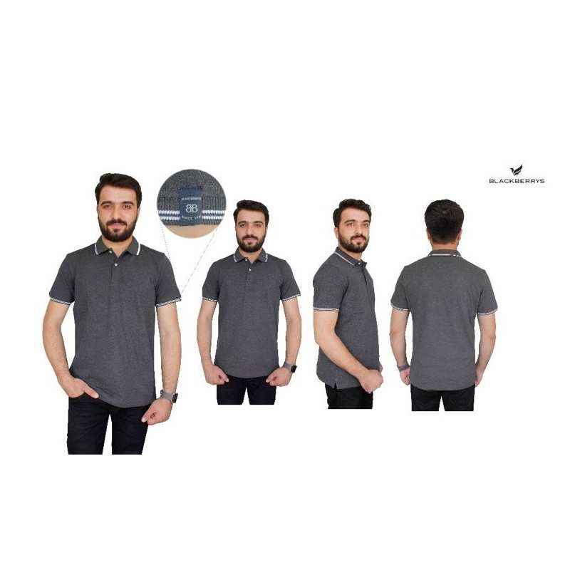 Blackberrys Charcoal Gray Customized T-shirt with White Tipping & Placket, Size: S