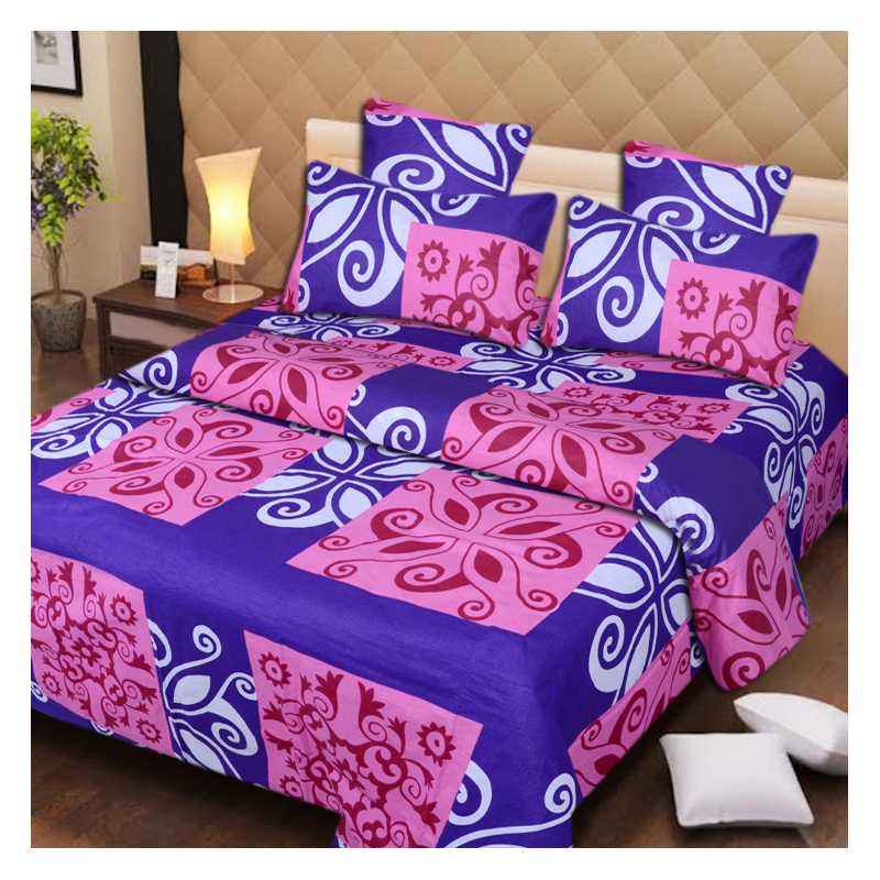 IWS Blue & Pink Luxury Cotton Printed Double Bedsheet with 2 Pillow Covers, CB1537
