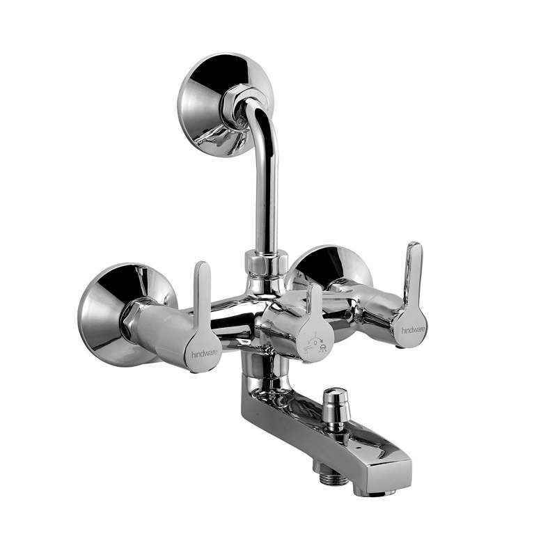 Hindware F390022CP Barrel Neo 3 In 1 Wall Mixer Provision For Over Head Shower With 115mm Long Bend Pipe & Flange (Chrome)