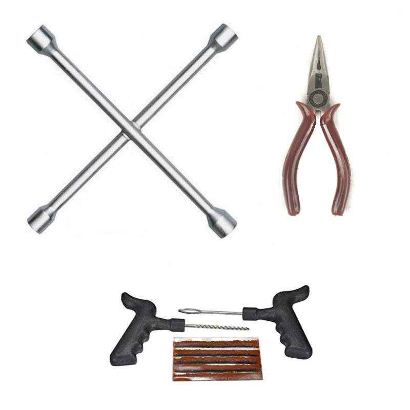I-Tools 4 Way Car Wheel Screws Wrench Brace Spanner with Nose Plier and Puncture Kit (Pack of 2)