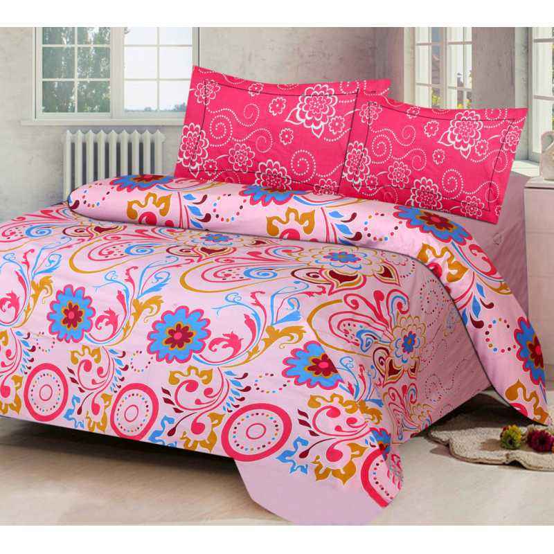 IWS Pink Luxury Cotton Printed Double Bedsheet with 2 Pillow Covers, CBP12