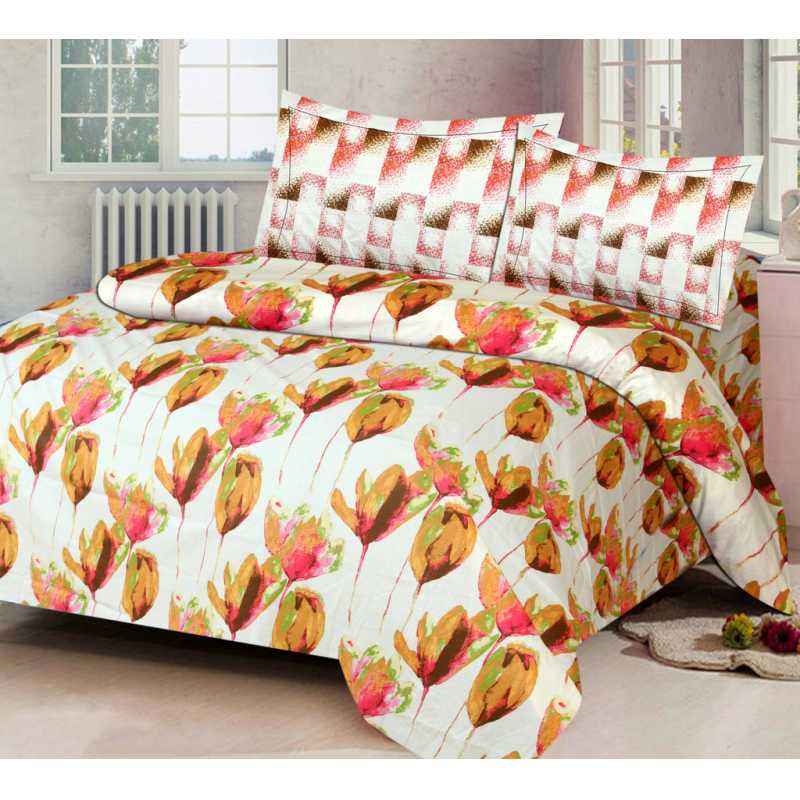IWS White & Brown Luxury Cotton Printed Double Bedsheet with 2 Pillow Covers, CBP02