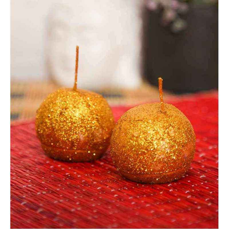 Riflection Golden Decorative Ball Shaped Sparkle Pillar Candle, 1269 (Pack of 2)