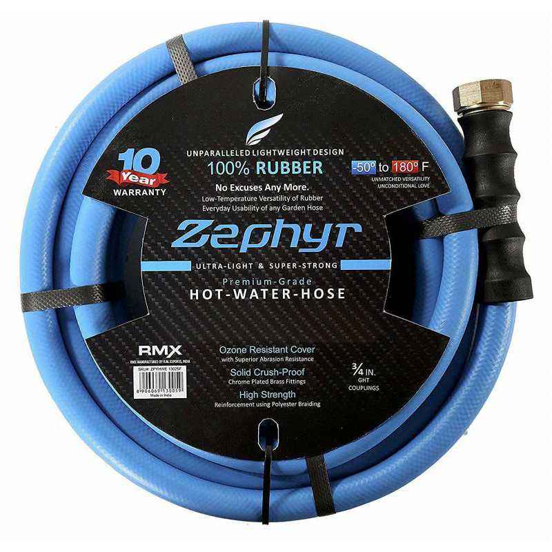 Zephyr 3/4 Inch Flexible Rubber Garden Hose with Brass End Fitting, Length: 100 ft