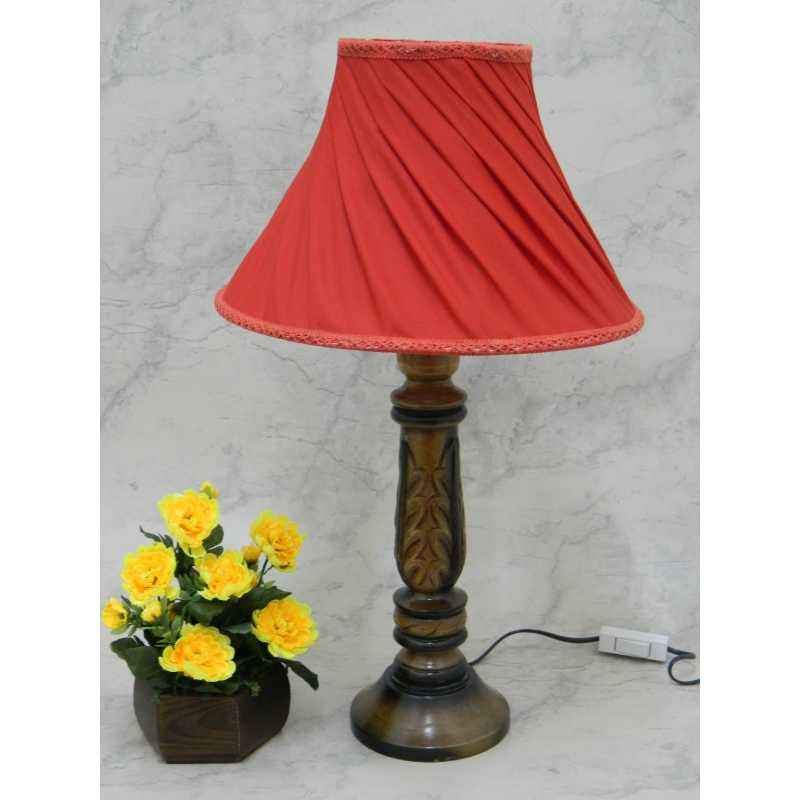 Tucasa Wooden Carving Table Lamp with Red Pleated Shade, LG-831