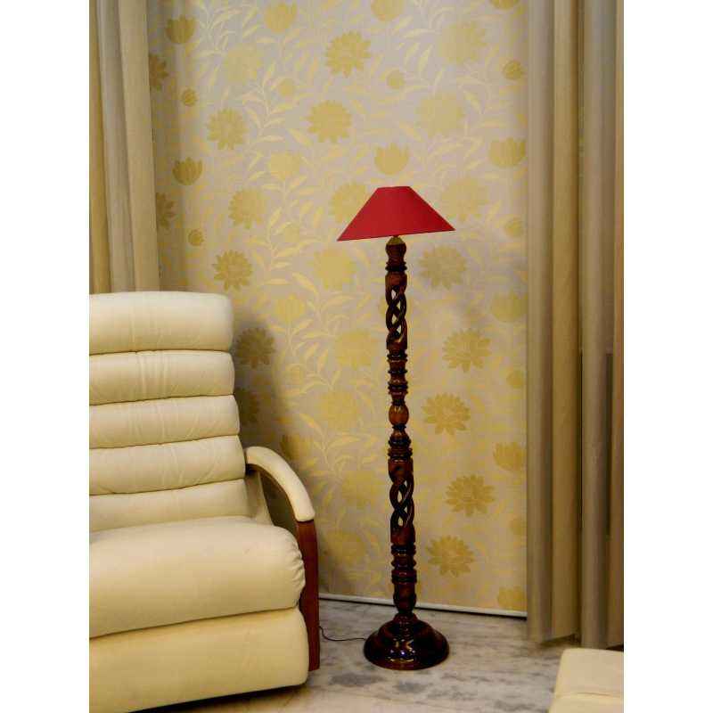 Tucasa Twisted Wooden Floor Lamp with Maroon Conical Shade, LG-877