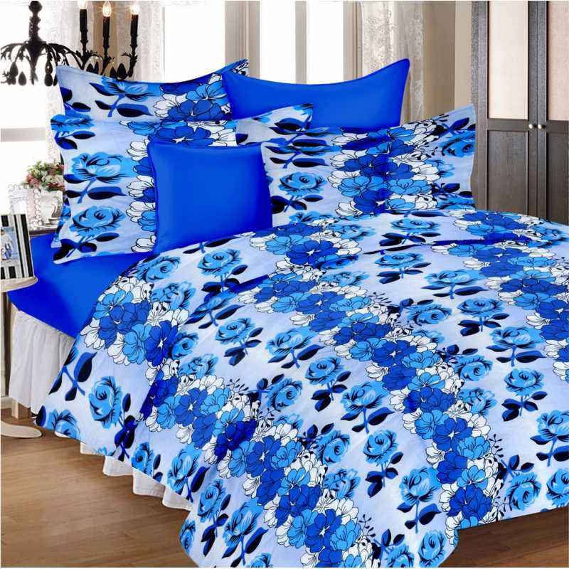 IWS Blue Luxury Cotton Printed Double Bedsheet with 2 Pillow Covers, CB1670