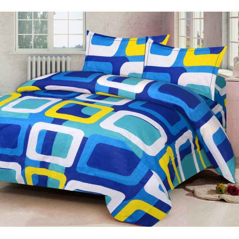 IWS Blue Luxury Cotton Printed Double Bedsheet with 2 Pillow Covers, CB534