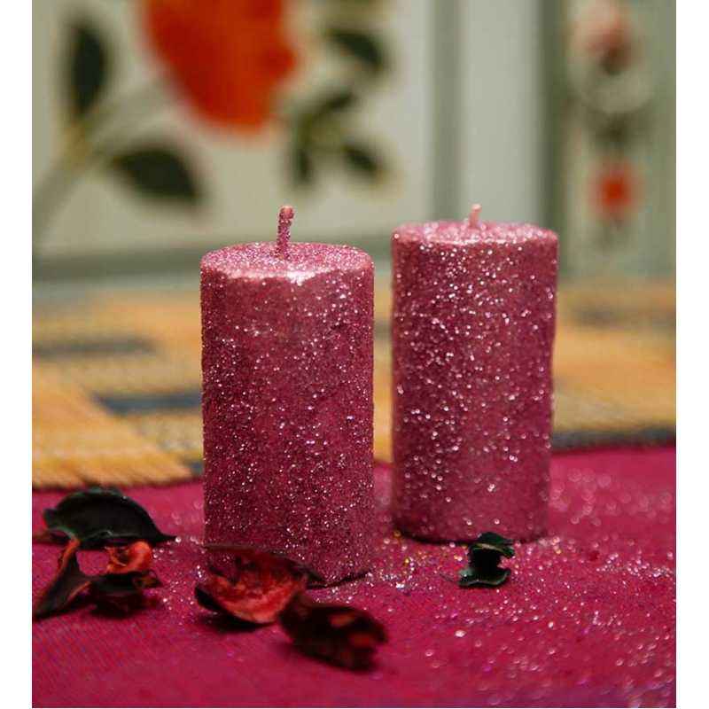 Riflection Pink Decorative Pillar Shaped Sparkle Candle, 1273 (Pack of 2)