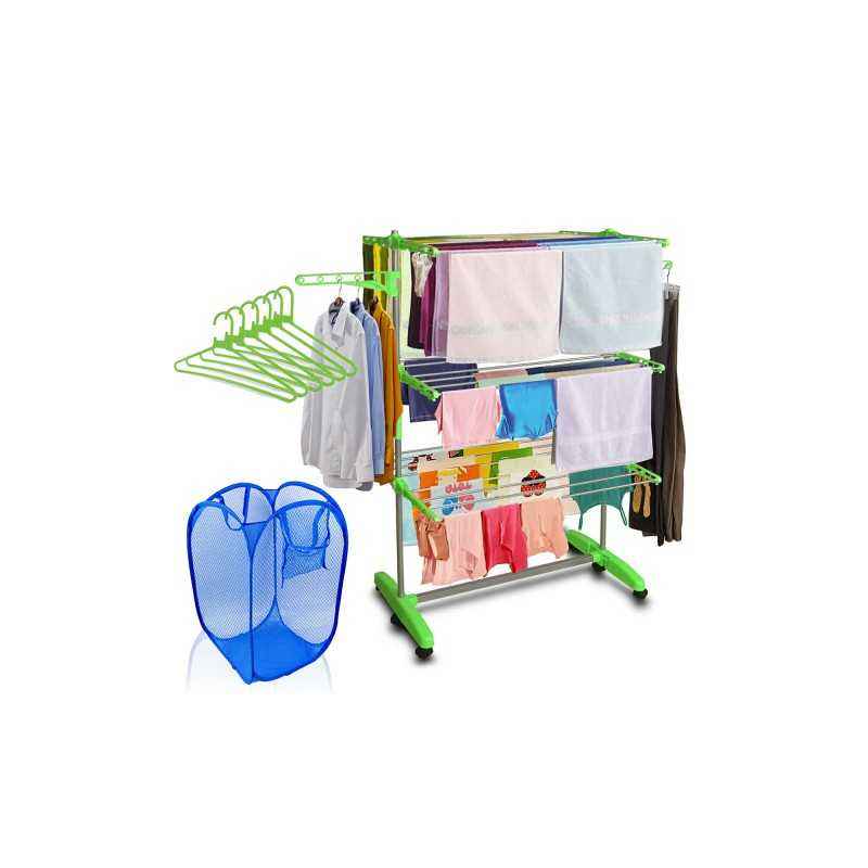 Kawachi C93 Combo of Mild Steel Cloth Drying Stand, Laundry Basket & 6 Pieces Plastic Hanger