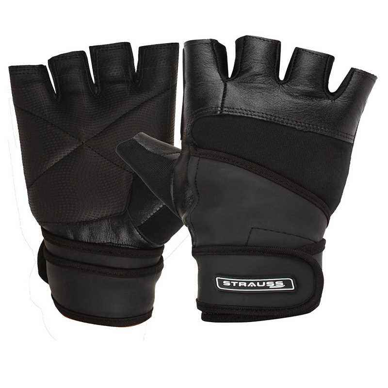 Strauss Black Leather Gym Gloves with Wrist Wrap, Size: M