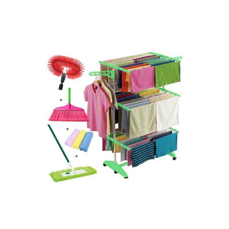 Kawachi C111 Combo of Cloth Drying Stand, Floor Mop & Broom, Fan Cleaning Brush & Napkin