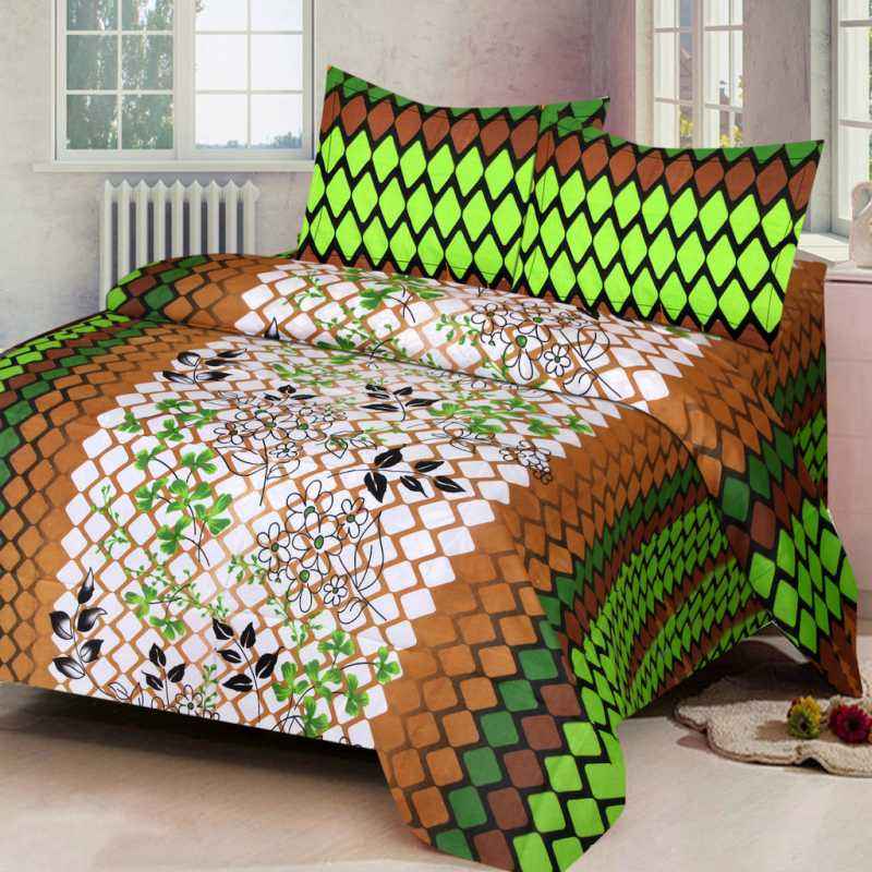 IWS Green Luxury Cotton Printed Double Bedsheet with 2 Pillow Covers, CB1596