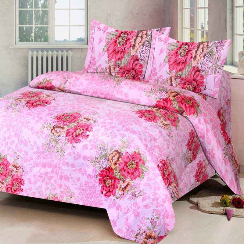 IWS Pink Luxury Cotton Printed Double Bedsheet with 2 Pillow Covers, CB1591