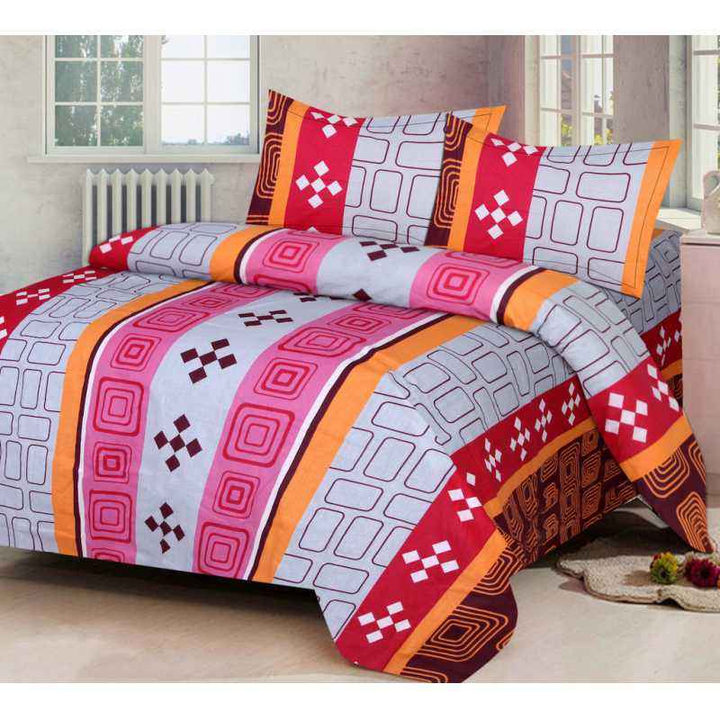 IWS Pink Luxury Cotton Printed Double Bedsheet with 2 Pillow Covers, CB1584