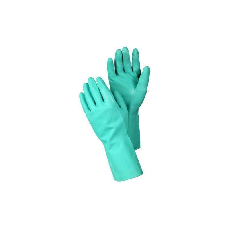 Sunlong Flock Lined Nitrile Chemical Resistance Green Safety Gloves, Size: M