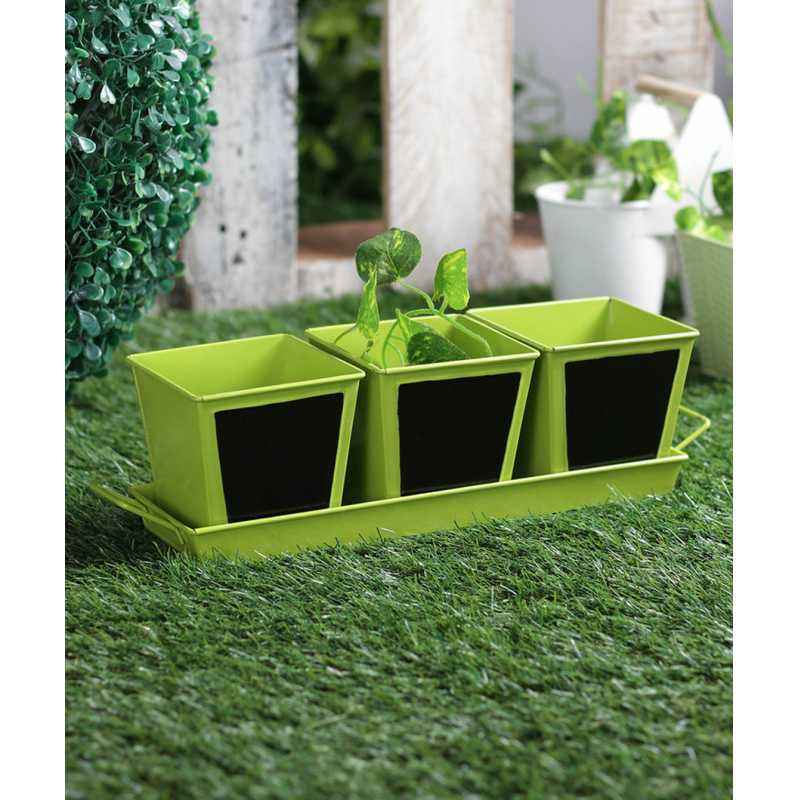 Green Girgit Herb Set Of 3 Chalk Board Green Metal Planter, GG_CBHSG