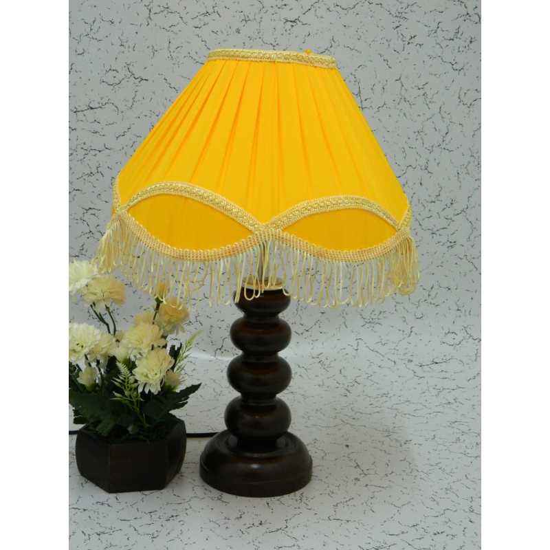 Tucasa Smart Wooden Table Lamp with Yellow Lace Shade, LG-1088