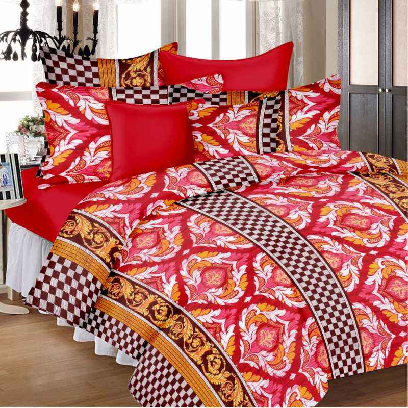 IWS Red Luxury Cotton Printed Double Bedsheet with 2 Pillow Covers, CB1669