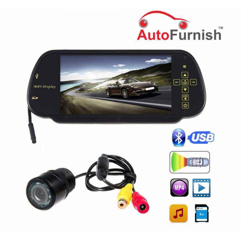 Autofurnish 7 Inch Rear View Mirror Touch Screen with Bluetooth, USB & Waterproof Reverse Parking Camera