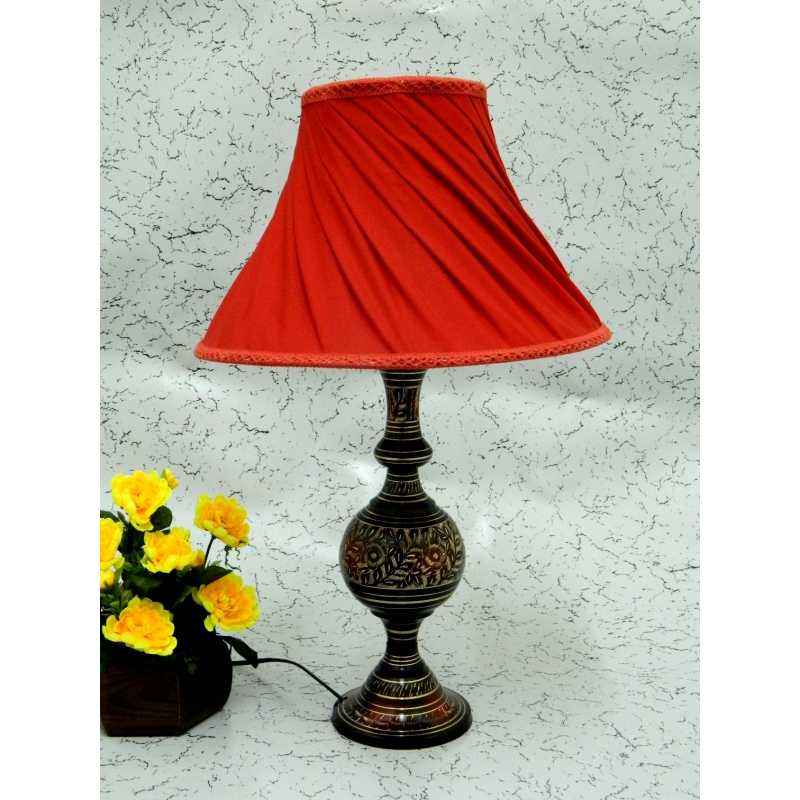 Tucasa Antique Brass Carving Table Lamp with Red Pleated Shade, LG-850