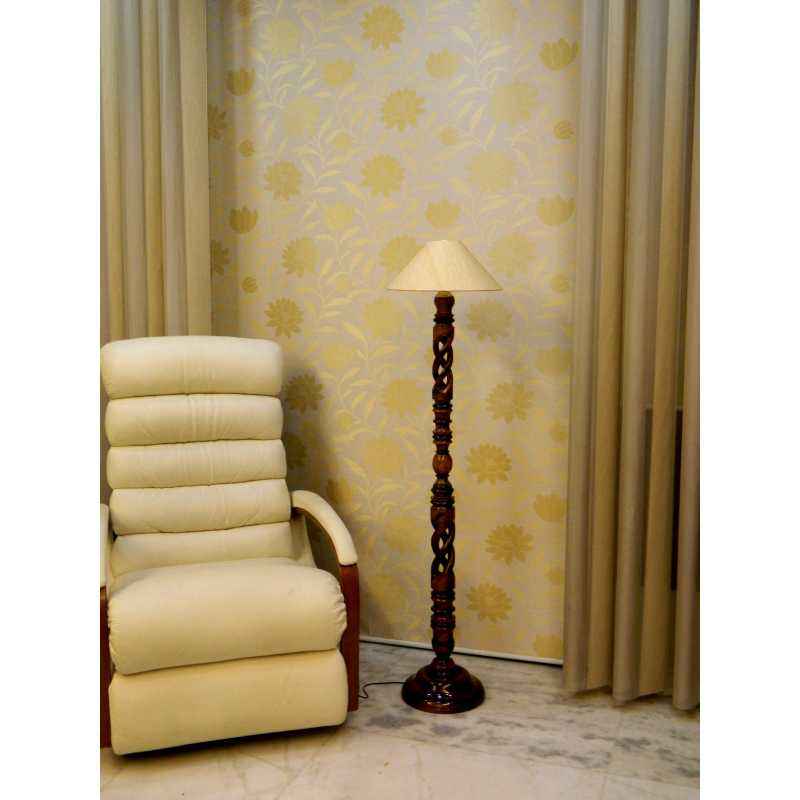 Tucasa Twisted Wooden Floor Lamp with Off White Conical Shade, LG-881