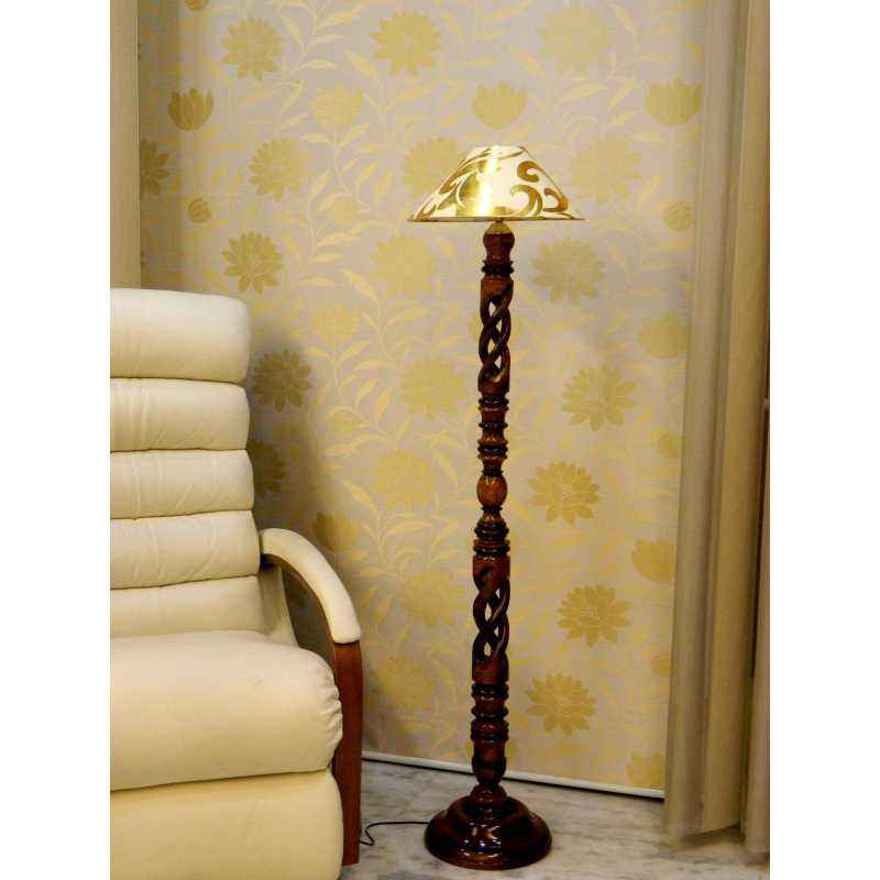 Tucasa Twisted Wooden Floor Lamp, Off White & Golden Conical Shade, LG-884