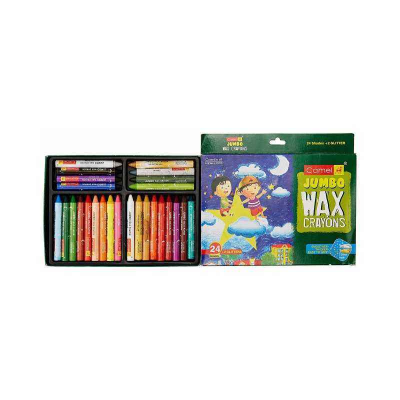 Camlin 24 Shade Wax Crayons with 2 Pieces Glitter Shade, 4523520
