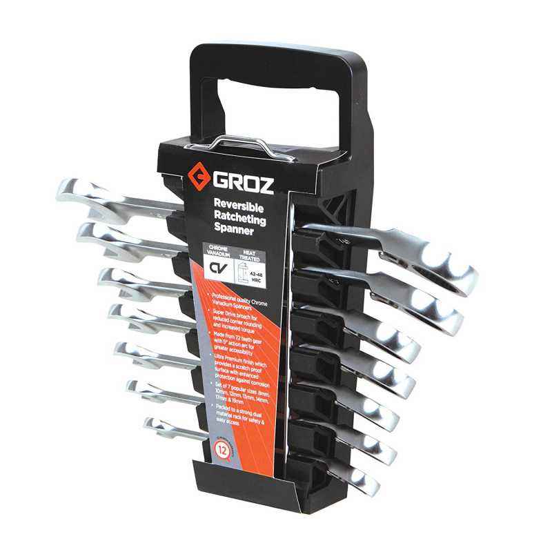 Groz 7 Pcs CRV Steel Reversible Ratcheting Spanner Set, CSS/RRT/7ST/UG