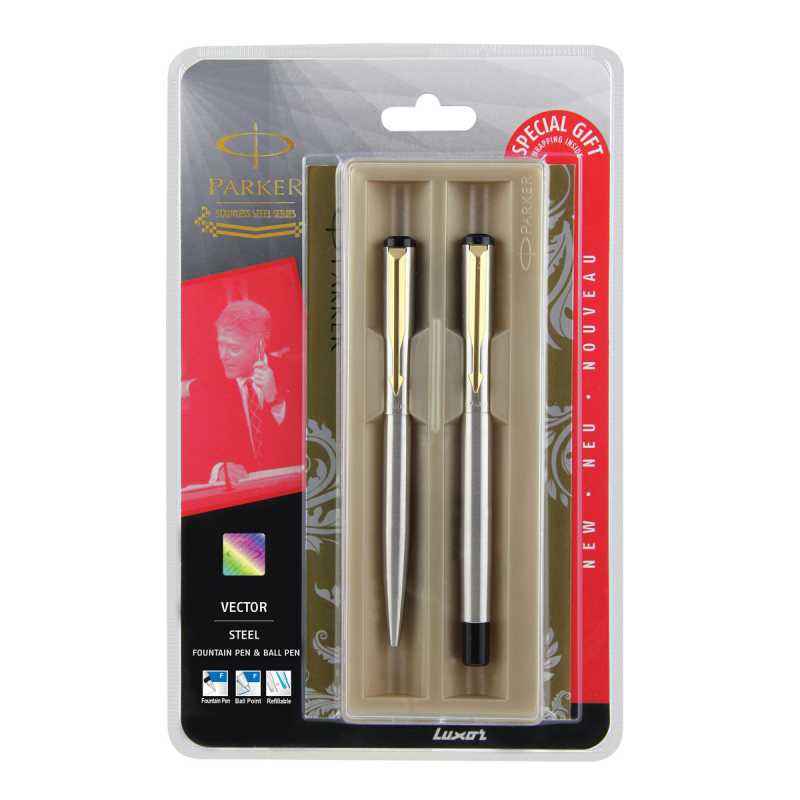 Parker Vector SS Gold Trim Fountain Pen + Ball Pen with Free Gift Wrap Sleeve, 9000023627